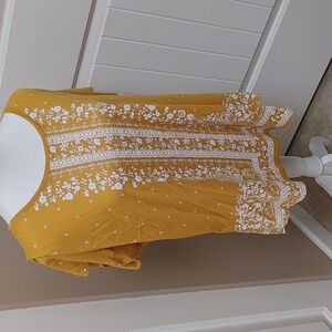 LUCKY BRAND Mustard yellow and white ethnic pattern short sleeves tunic